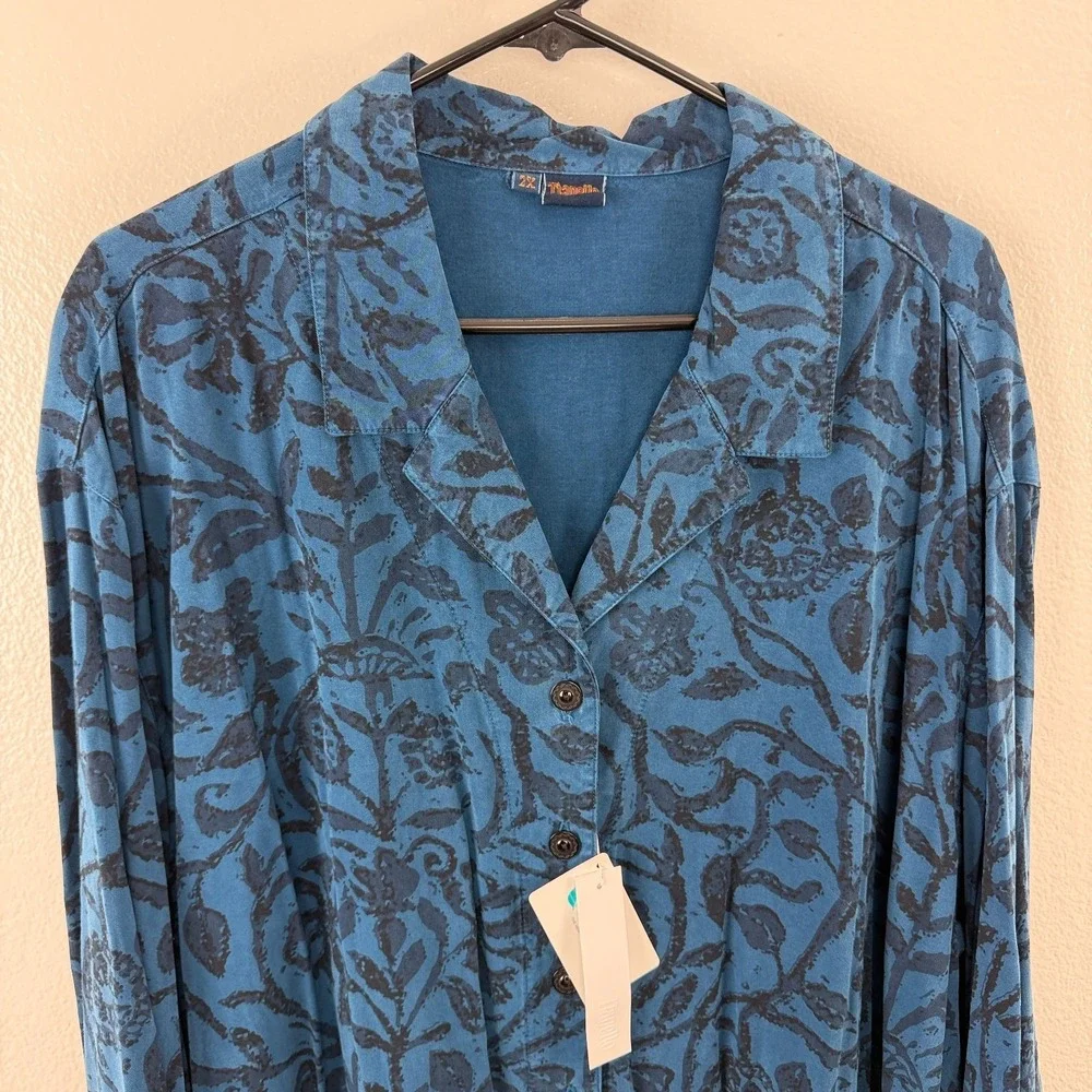 Tianello Floral Top Womens 2X Blue Button Up Shirt Tencel Artsy Boho NWT - Picture 2 of 11